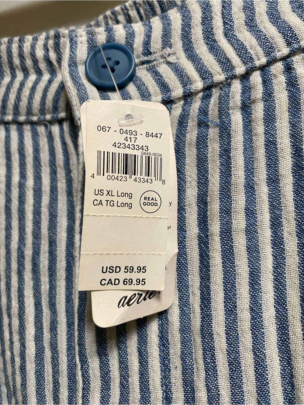 AERIE Wide-Leg Cotton Seersucker Pants in Light Blue & White Stripes - XL LONG - Picture 8 of 8